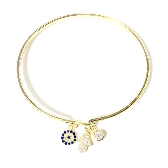 925 STERLING SILVER Hamsa-Eye-CZs Charms Bangle - Picture 7 of 8